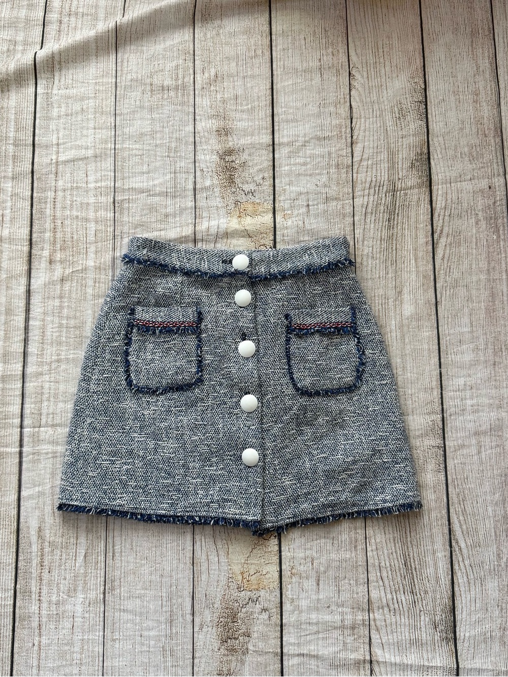 ZARA BASIC Navy Blue White Boucle Knit Mini Skirt Button Front Size Medium
